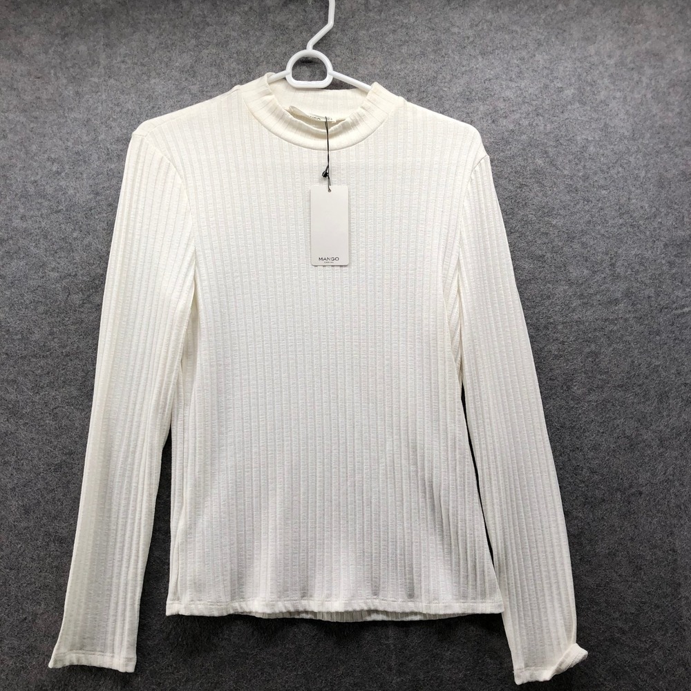 NWT Mango Ivory Ribbed Mock Neck Top Womens M Long Sleeve T-Shirt White